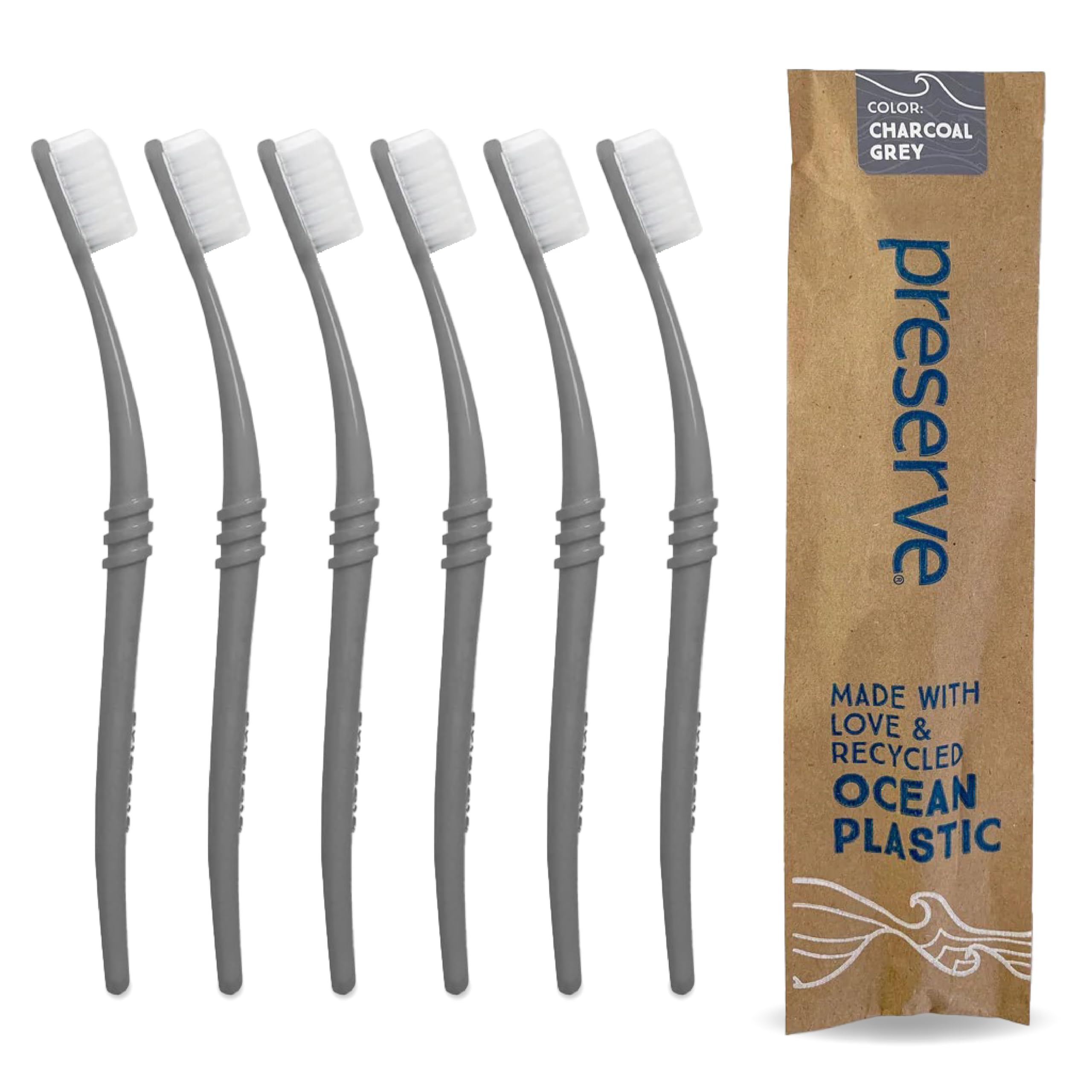 Preserve Ocean Plastic Initiative (POPI) Adult Toothbrush, Made in USA from Recycled Ocean Plastic, Charcoal Grey, Soft, 6 Count
