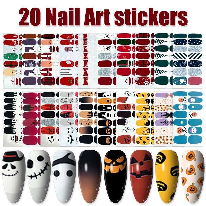 WOKOTO 20 Sheets Self-Adhesive Nail Polish Stickers Decal Tips with 1Pc Nail File Nail Strips Christmas Halloween Manicure Design for Women