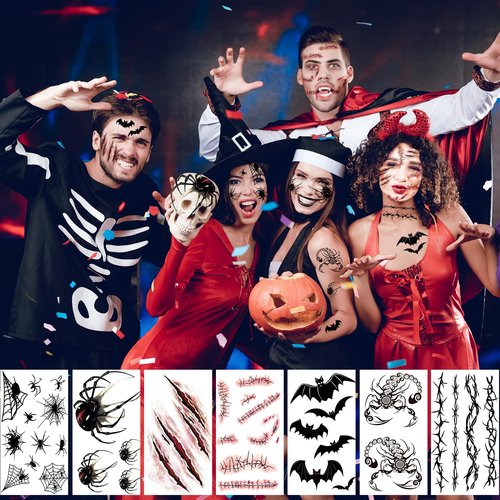23 Sheets Halloween Joker Tattoos for Men Women Adults, Halloween Face Fake Temporary Tattoos, Halloween Snake Skull Bat Spider Scar Fake Tattoos Set for Halloween Cosplay Makeup Party Accessories