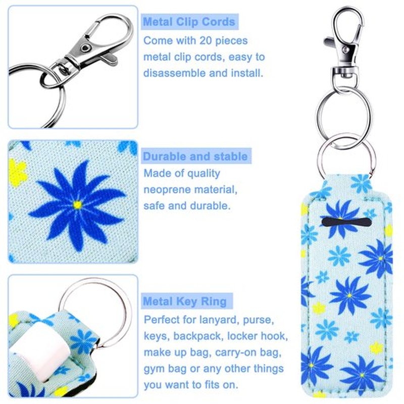 Duufin 20 Pieces Chapstick Holder Keychain Lip Balm Holder Neoprene Lipstick Keychain Holder with 20 Pieces Metal Clip Cords for Chapstick Tracker and Safeguard