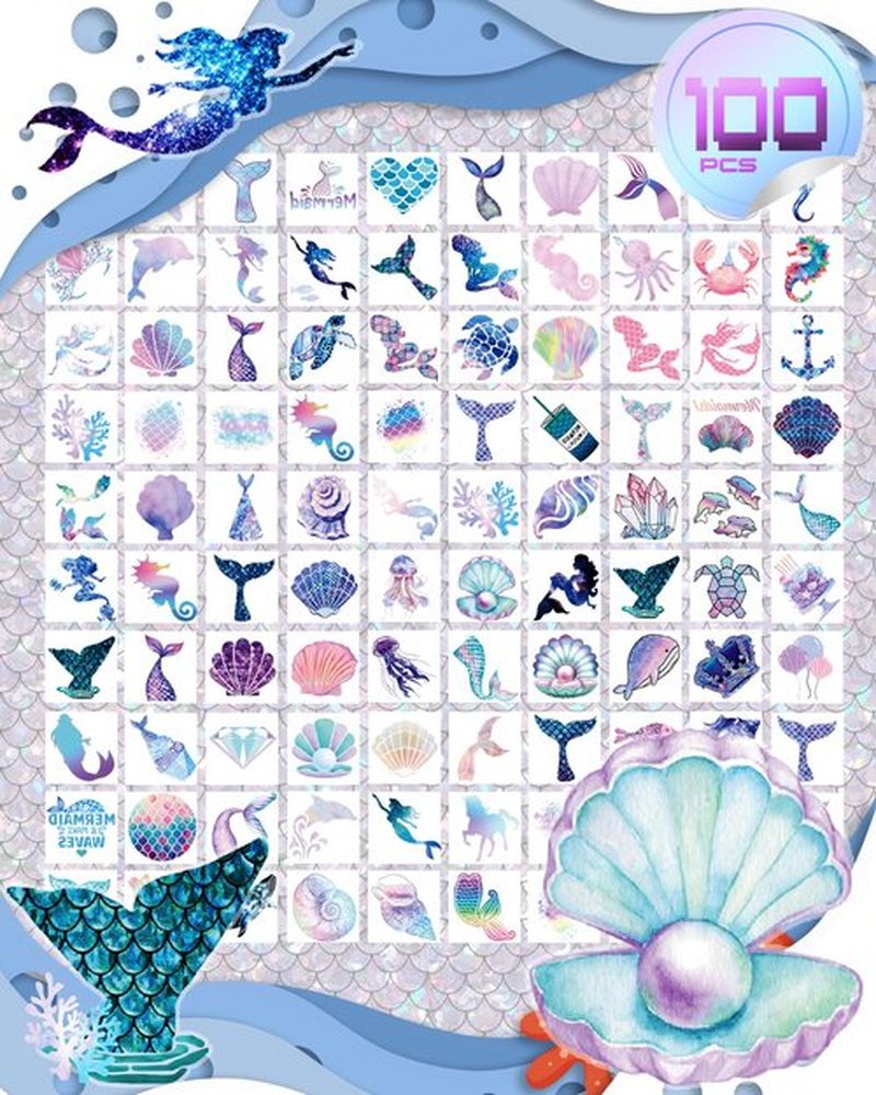 SUNAI Mermaid Party Favors - 100 Style Pre-Cut Mermaid Temporary Tattoos(2x2 Inch) Perfect for Under The Sea Themed Birthday Party Decorations, Supplies, Goodie Bag Fillers