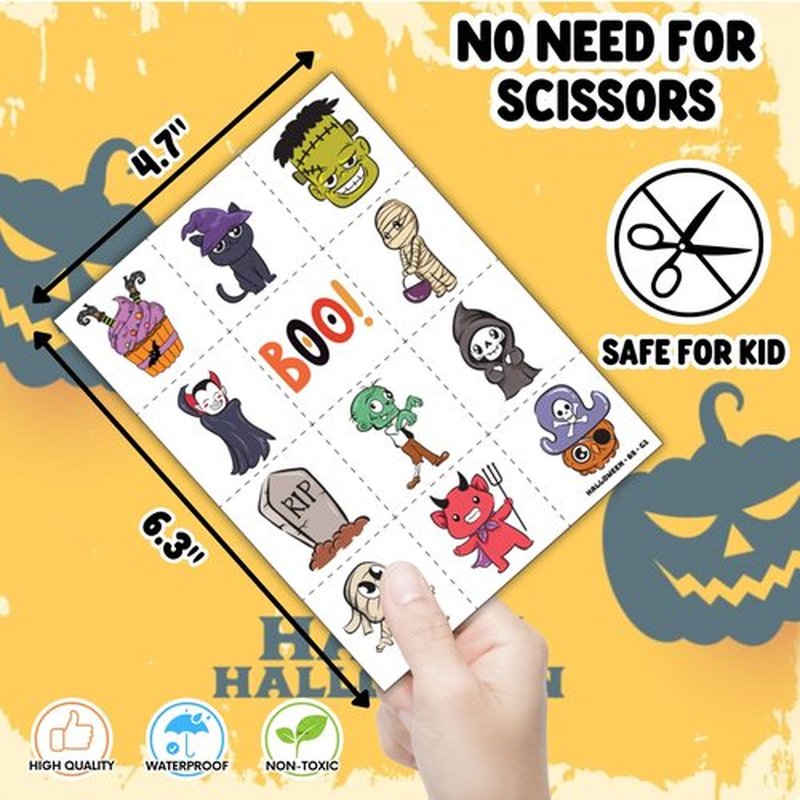 144PCS Halloween - 72 Temporary Pre-Cut Tattoos & 72 Slap Bracelets Halloween-Themed Birthday Supplies, Baby Shower Gifts, Classroom Rewards & Party Decor for Kids (Boys & Girls)