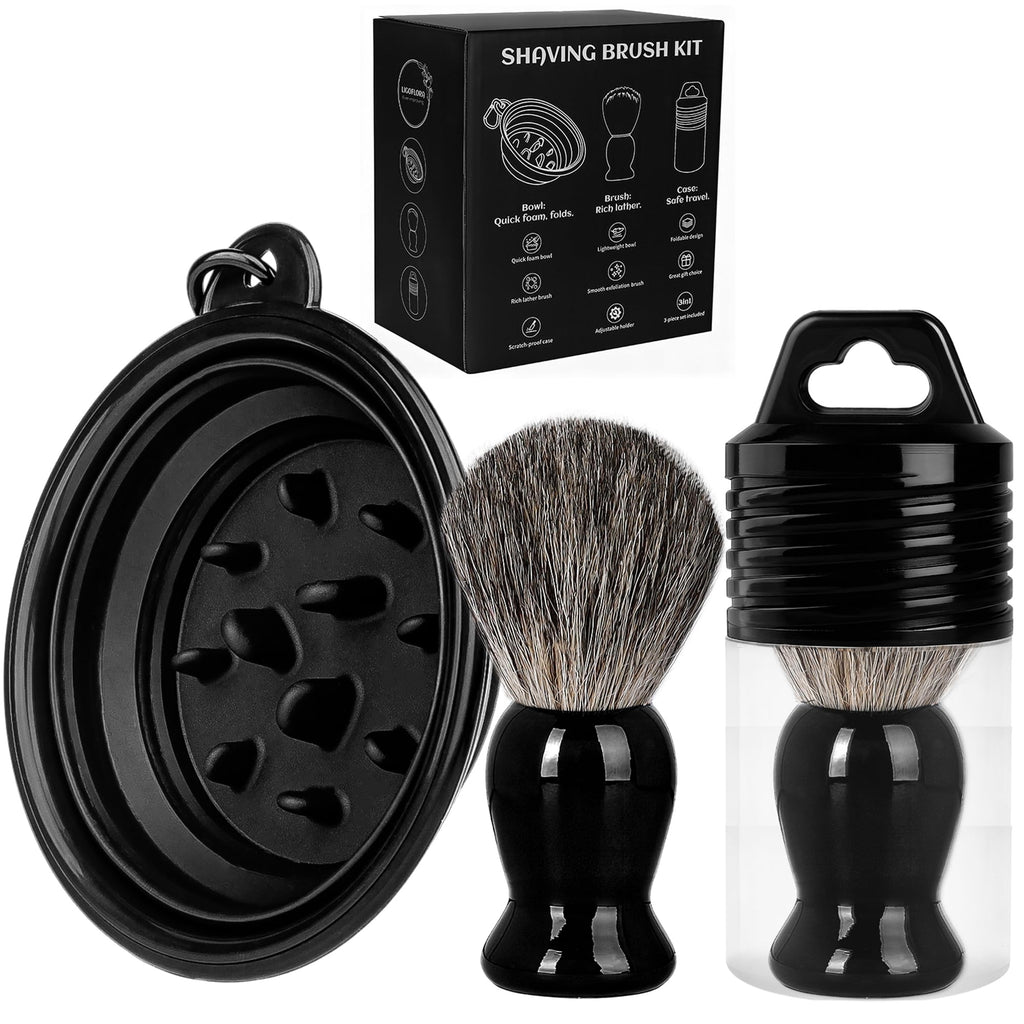 LIGOFLORA Shaving Brush Set for Men,3 in-1Natural Badger Hair Shaving Brush,Foldable Silicone Bowl, Spiral Opening Brush Case, Portable Wet Shave Gifts Used in Home and Travel (Black)