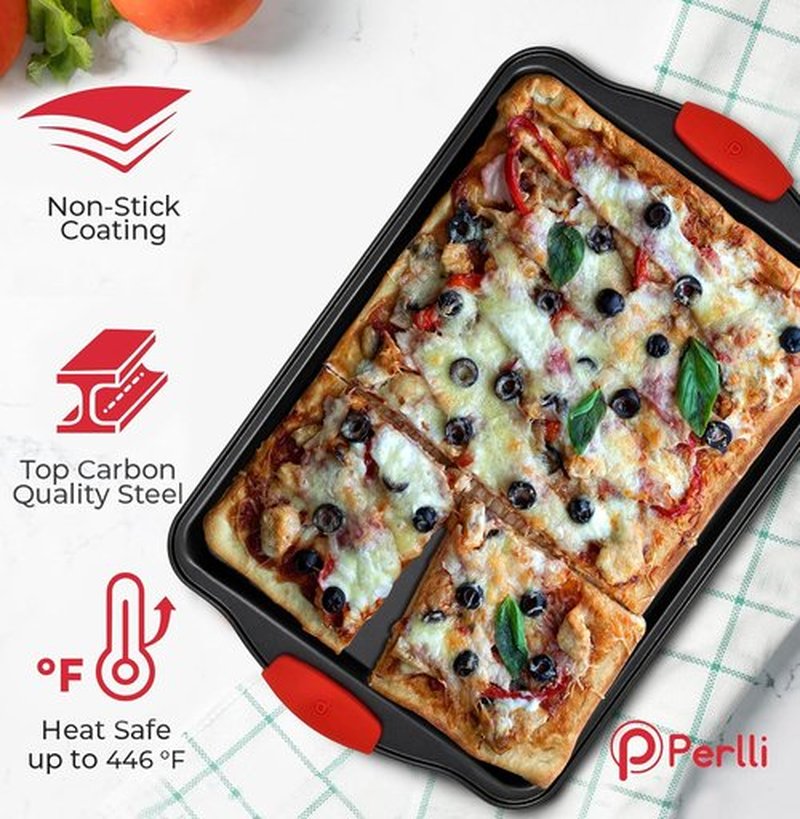 PERLLI Non-Stick Baking Pan Set - 3-Piece BPA-Free Carbon Steel with Silicone Handles | Oven Safe to 446°F