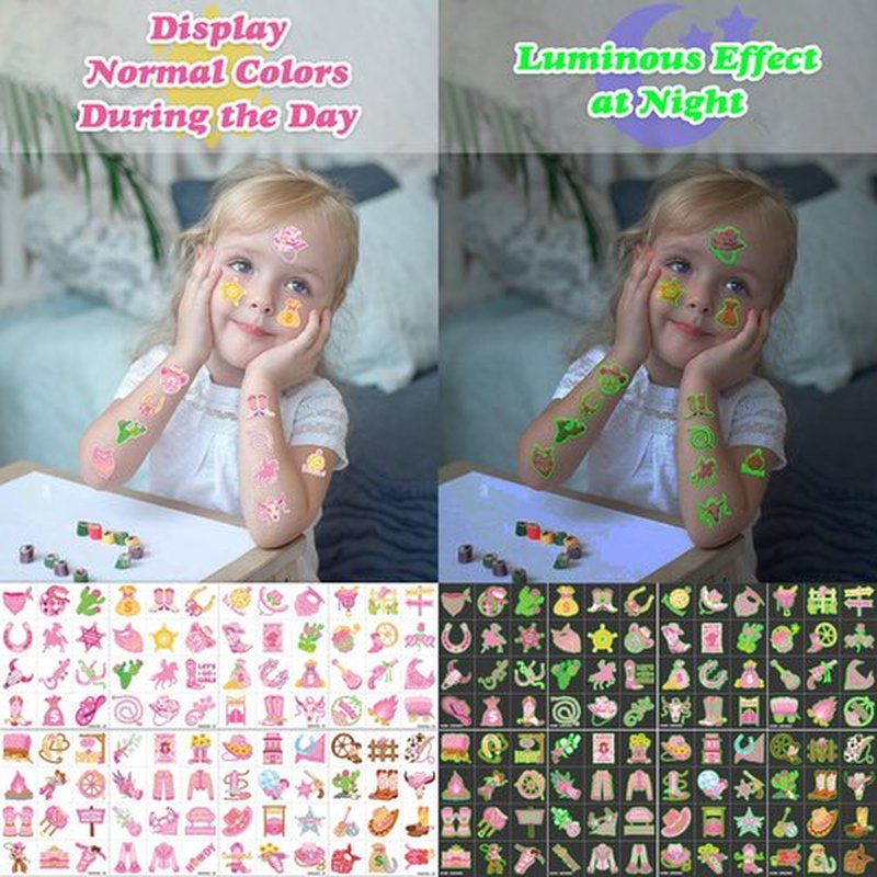 96 PCS Disco Western Cowgirl Pre-Cut Luminous Glow in the dark Temporary Tattoos for Kids | Super Cute Themed Birthday Party Favors Supplies Decorations, Pink Fake Tattoo Stickers Gifts for Boys Girls