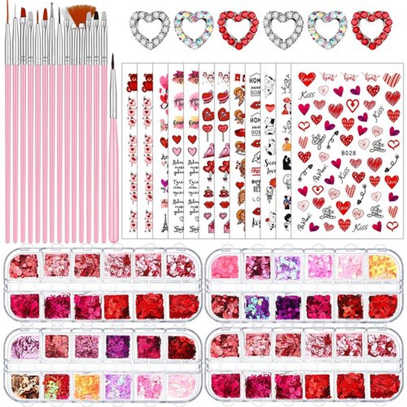 72 Set Valentine‘s Day Nail Charm 12 Pieces 3D Heart Nail Charm 48 Grids Heart Glitter Sequins for Valentine‘s Day Nail Art 12 Sheet Valentine‘s Day Nail Sticker with Nail Brushes Gems for Women Girls