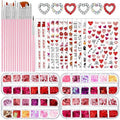 72 Set Valentine‘s Day Nail Charm 12 Pieces 3D Heart Nail Charm 48 Grids Heart Glitter Sequins for Valentine‘s Day Nail Art 12 Sheet Valentine‘s Day Nail Sticker with Nail Brushes Gems for Women Girls