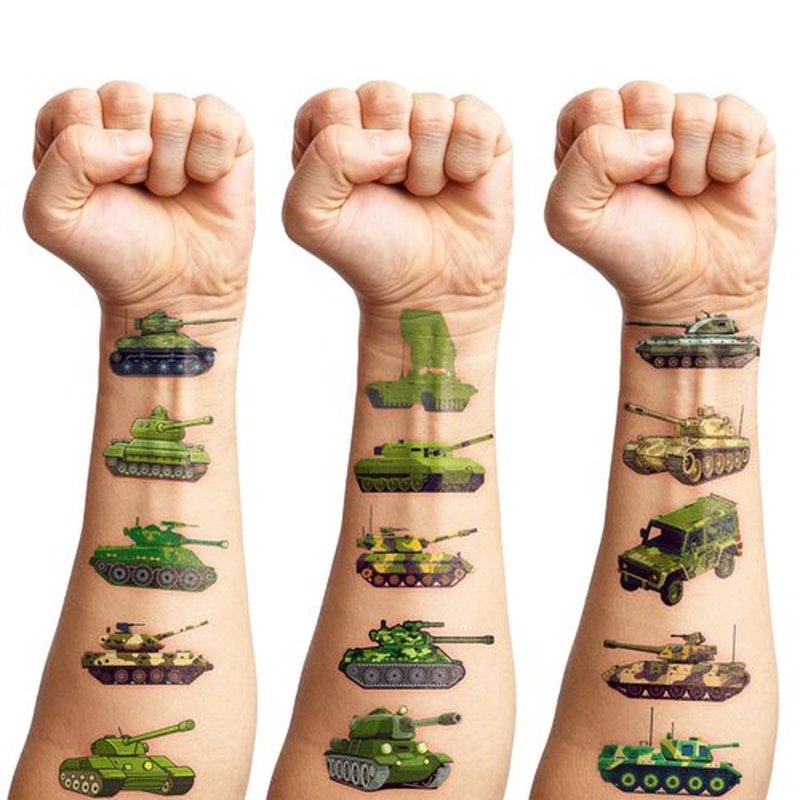 100 PCS Tank Military Temporary Tattoos Themed Birthday Party Decorations Favors Supplies Decor Army Camo Camouflage Soldier Tattoo Stickers Gifts For Game Boys Girls Classroom School Prizes Christmas