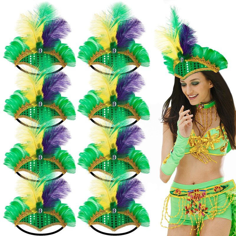 Watayo 8 Pcs Mardi Gras Feather Headband, Purple Yellow Green Masquerade Headwear, Mardi Gras Sequin Flapper Headpiece Headdress for Women Girls New Orleans Cocktail Costume Party