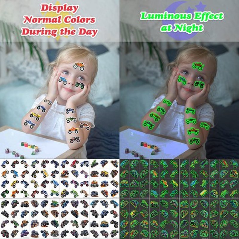96 PCS Monster Truck Race Car Pre-Cut Luminous Glow in the dark Temporary Tattoos for Kids | Super Cute Themed Birthday Party Favors Supplies Decorations, Fake Tattoos Rewards & Gifts for Boys Girls