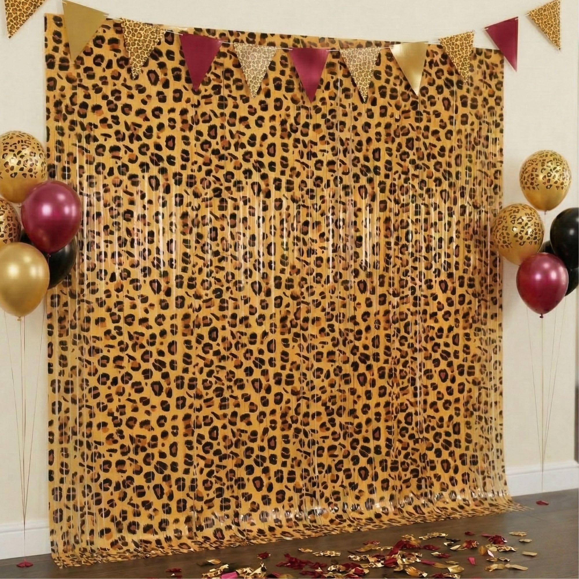 Vagilelf 2 Pack Cheetah Print Birthday Decorations, Leopard Party Decorations, Jungle Safari Bachelorette Foil Backdrop 3.3×6.6ft Thickened Fringe Curtains for Photo Booth & Party Entrance