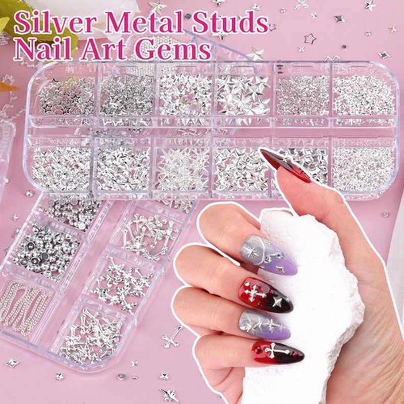 6 Boxes 3D Metal Nail Art Charms, Gold Silver Black Star Cross Nail Studs Metallic Caviar Beads for Nails Design Y2K Charms Punk Nail Chains Nail Decorations with Tweezers for DIY Manicure Supplies