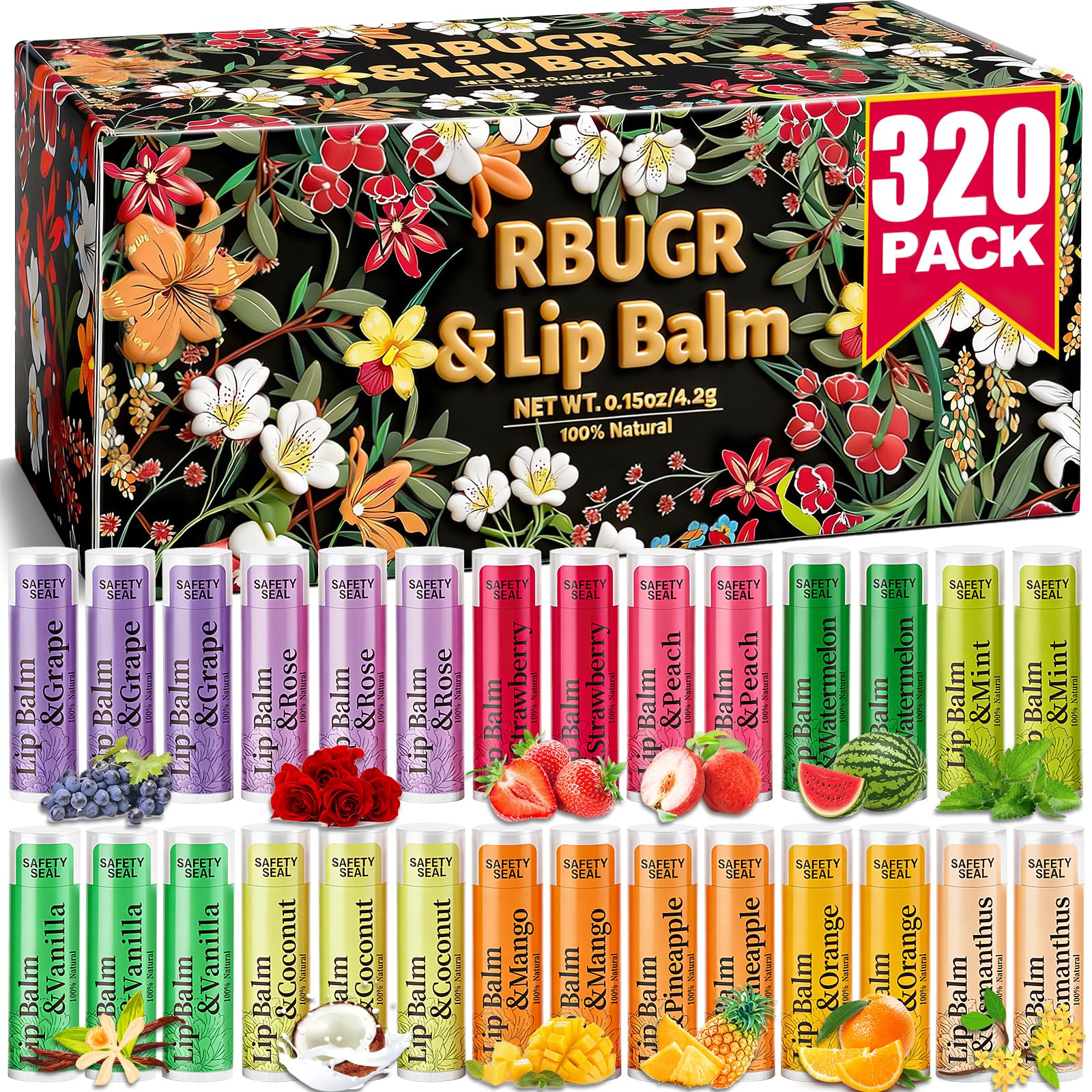 RBUGR 320 Pcs Lip Balm Bulk- Natural Moisturising Organic Set for Cracked Lips, 12-Flavored Professional Pack Bulk Gifts Valentine Party Favors (4.2g/0.15oz)