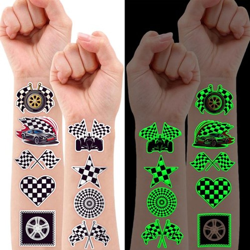 96 PCS Funny Race Car Checkered Flag Glow In The Dark Pre-Cut Black and White Temporary Tattoos Sticker Birthday Party Decorations Supplies Favors Gifts Boys Girls (Luminous)