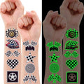 96 PCS Funny Race Car Checkered Flag Glow In The Dark Pre-Cut Black and White Temporary Tattoos Sticker Birthday Party Decorations Supplies Favors Gifts Boys Girls (Luminous)
