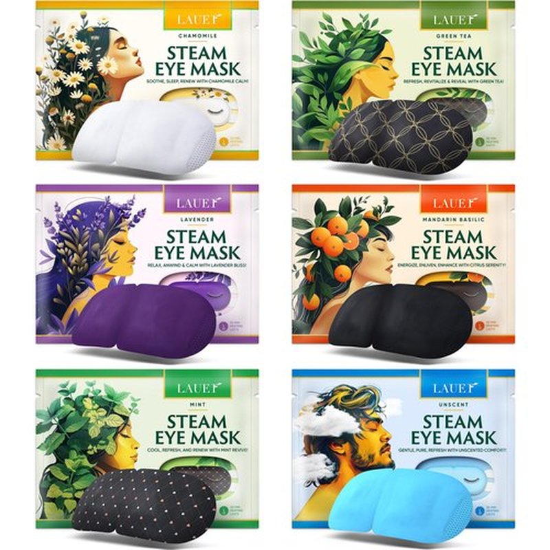 Heated Eye Steam Mask Dry Eyes Self Warm Compress Dark Circles Puffiness Set of Scent (Lavender, Chamomile, Green Tea, Mint, Mandarin Basilic, Unscented) Pack of 6 Masks for Women