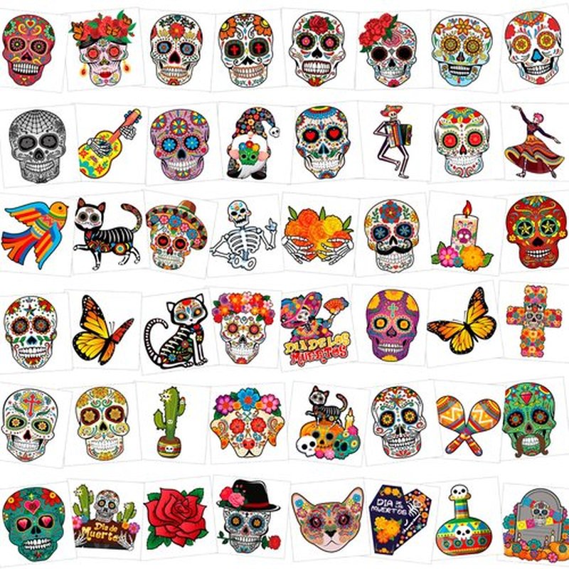 HOWAF 96pcs Day of the Dead Face Tattoos, Dia De Los Muertos Costume Skuall Temporary Tattoos, Day of the Dead Floral Skull Tattoos Stickers for Halloween Mexican Fiesta Party Decoration