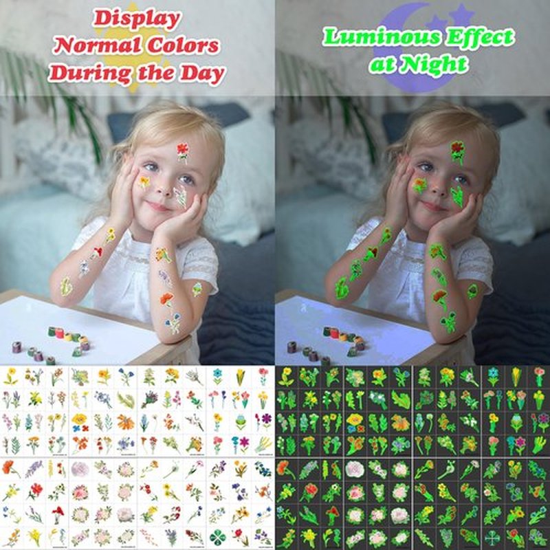 96 PCS Small Wildflower Floral Pre–Cut Temporary Tattoos Birthday Party Decorations Supplies Favors Spring Flower Bouquets Decor Stickers Gifts Boys Girls Classroom School Prizes Reward (Luminous)