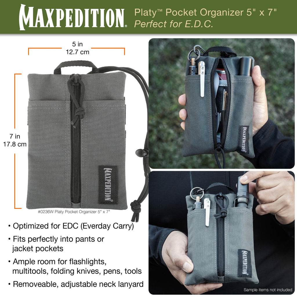 MAXPEDITION Platy Pocket Organizer, Durable EDC Tool Pouch for Men, Neck Wallet with Paracord Lanyard, Holds Flashlight, Multitool, Pen, Notebook (Wolf Gray, 5" x 7")