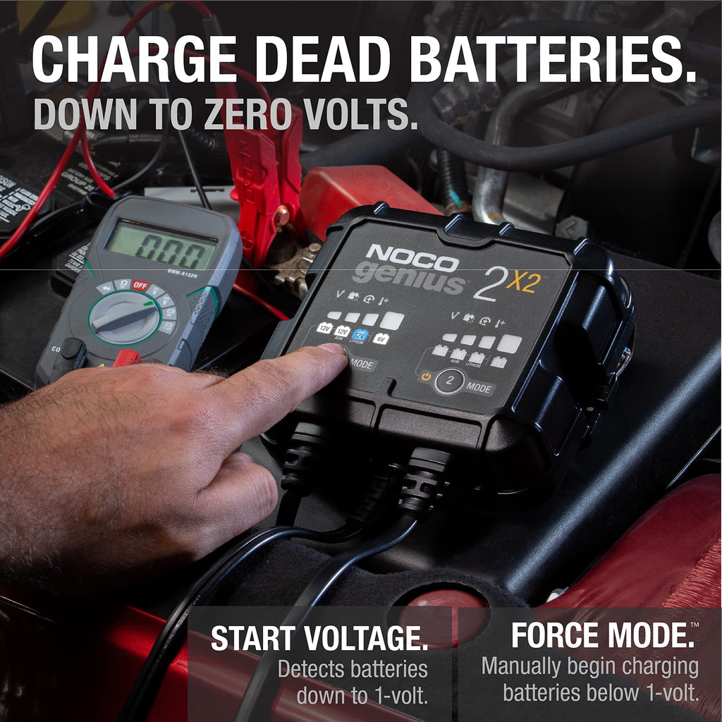 NOCO GENIUS2X2: 4A 2-Bank Smart Battery Charger (2A/Bank) - 6V/12V Automatic Maintainer, Trickle Charger & Desulfator with Overcharge Protection & Temperature Compensation – for Lead-Acid & Lithium