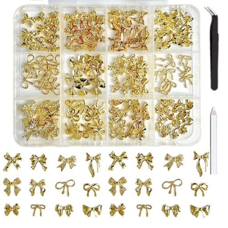LERBOU 120Pcs Gold Bow Nail Charms, 3D Metal Alloy Bowknot Nail Art Golden Bows Charms for Nails Decor Accessories DIY Craft