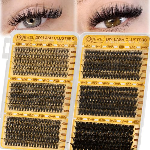 QUEWEL 580PCS Eyelash Clusters 30D+40D+50D+60D+80D+100D Wispy Lash Clusters 10-18mm Cluster Lashes Individual Lashes Clusters Reusable for Natural DIY Cluster Eyelash Extensions for Beginners