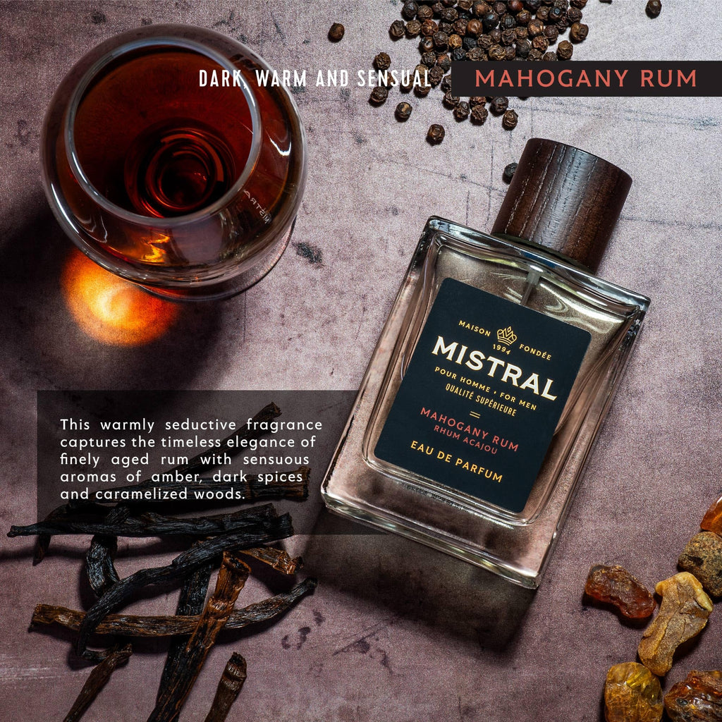 Mistral Mahogany Rum Men's Gift Set | Eau de Parfum 3.3oz Cologne Spray & 8.8oz Triple Milled Soap | Rum, Amber, Spice & Caramelized Woods Scent | Premium Men's Grooming Gift Set - Made in France