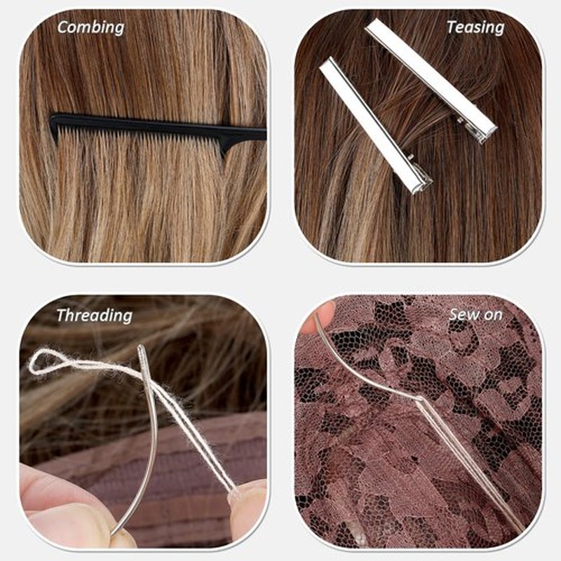 Hair Extension Tools Kit, 600 Silicone Lined Micro Rings, 1 Plier, 2 Hook Needle Pulling Loop, 10 Curved Hair Needle, 4 Metal Hair Clips, 1 Comb, 3 Sewing Threads, 200 Mini Rubber Bands