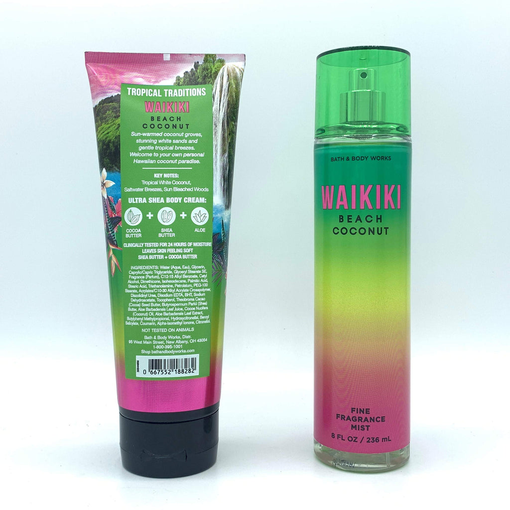 Bath and Body Works Waikiki Beach Coconut 2020 Edition 8oz Body Cream and 8oz Fine Fragrance Mist 2-Piece Bundle, Regular Sizes