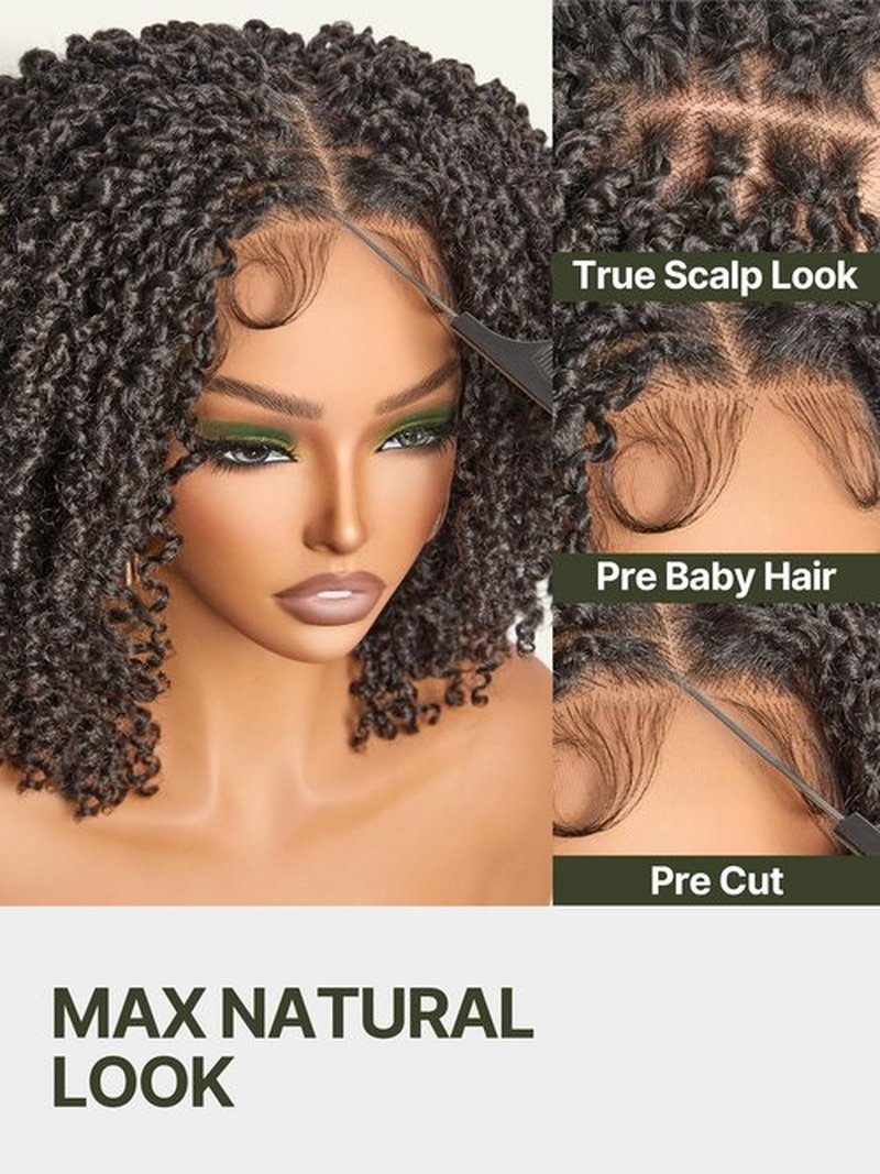Frodio Veralux Fiber 12'' Synthetic 11X4 Lace Frontal Wig 200% Density Micro Twist Curly Wigs 11X4 Closure HD Lace Dreadlock Wig Glueless Wigs Natural Black Ready to Go Wig for Women