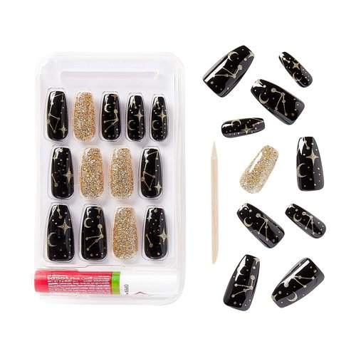 Gold Finger Gel Glam Press On Design Nail Kit, Black and Gold Artsy Design, Polish Free Manicure Long Length (GD16) Long lasting, Sturdy, Mini Glue Included