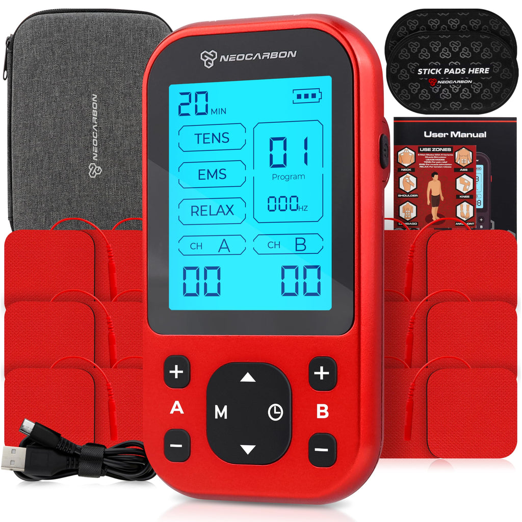 NEOCARBON TENS Unit Muscle Stimulator Pro for Back Pain Relief, Shoulder Recovery and Physical Therapy, Electronic Massager Machine with PMS Pulse for Effective Shock Therapy, Red