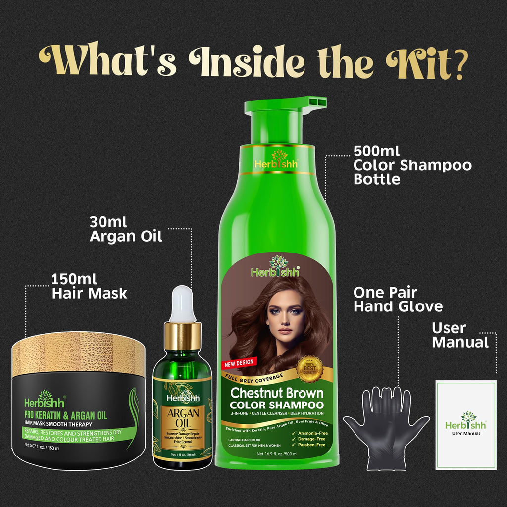 Herbishh After Color Shampoo Combo, 1 Hair Color Shampoo Hair Dye 500ml Argan Oil + 30ml Pro Keratin + 150 ml Argan Hair Mask, Hair Straightening, Shine And Protection, Men And Women (Chestnut Brown)