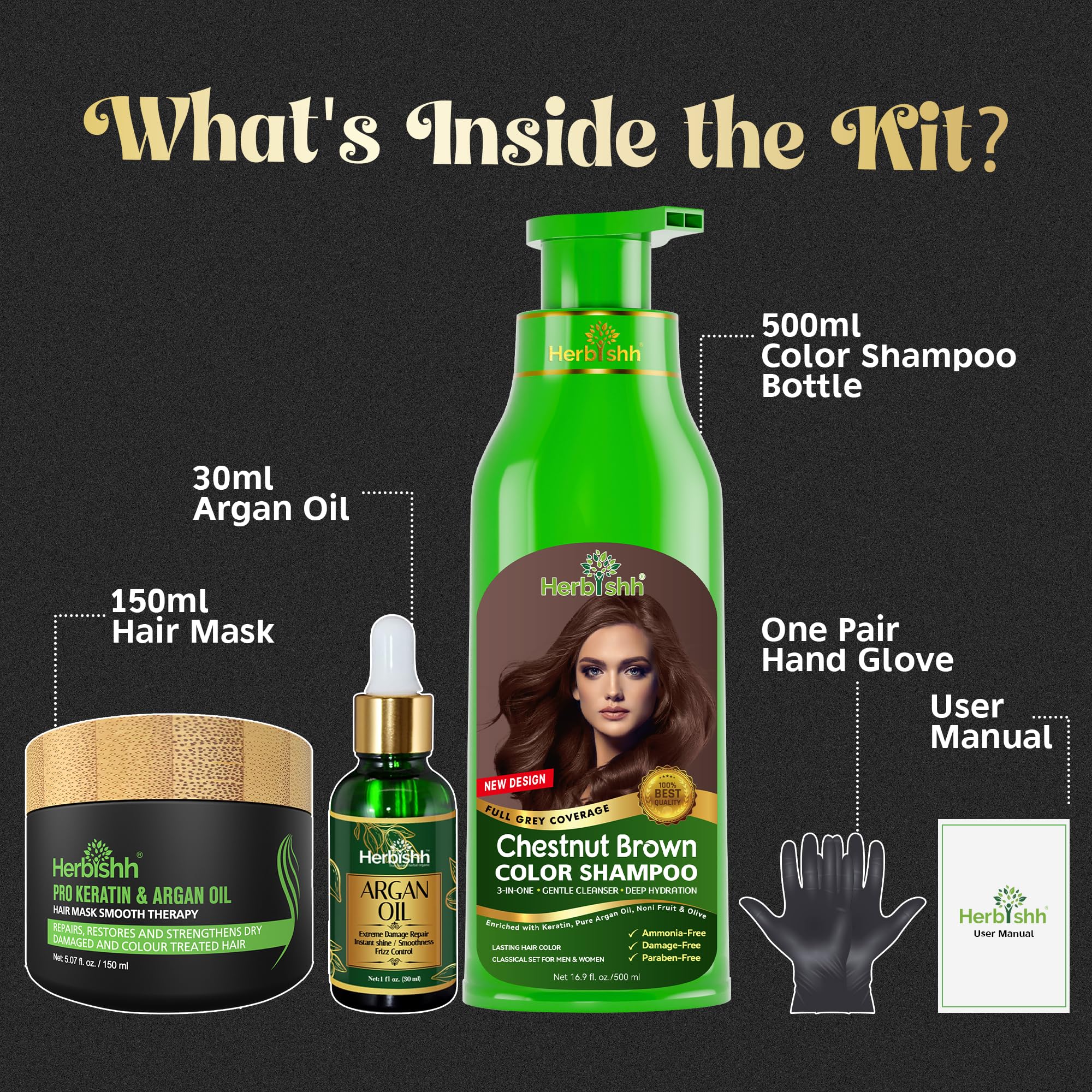 Herbishh After Color Shampoo Combo, 1 Hair Color Shampoo Hair Dye 500ml Argan Oil + 30ml Pro Keratin + 150 ml Argan Hair Mask, Hair Straightening, Shine And Protection, Men And Women (Chestnut Brown)
