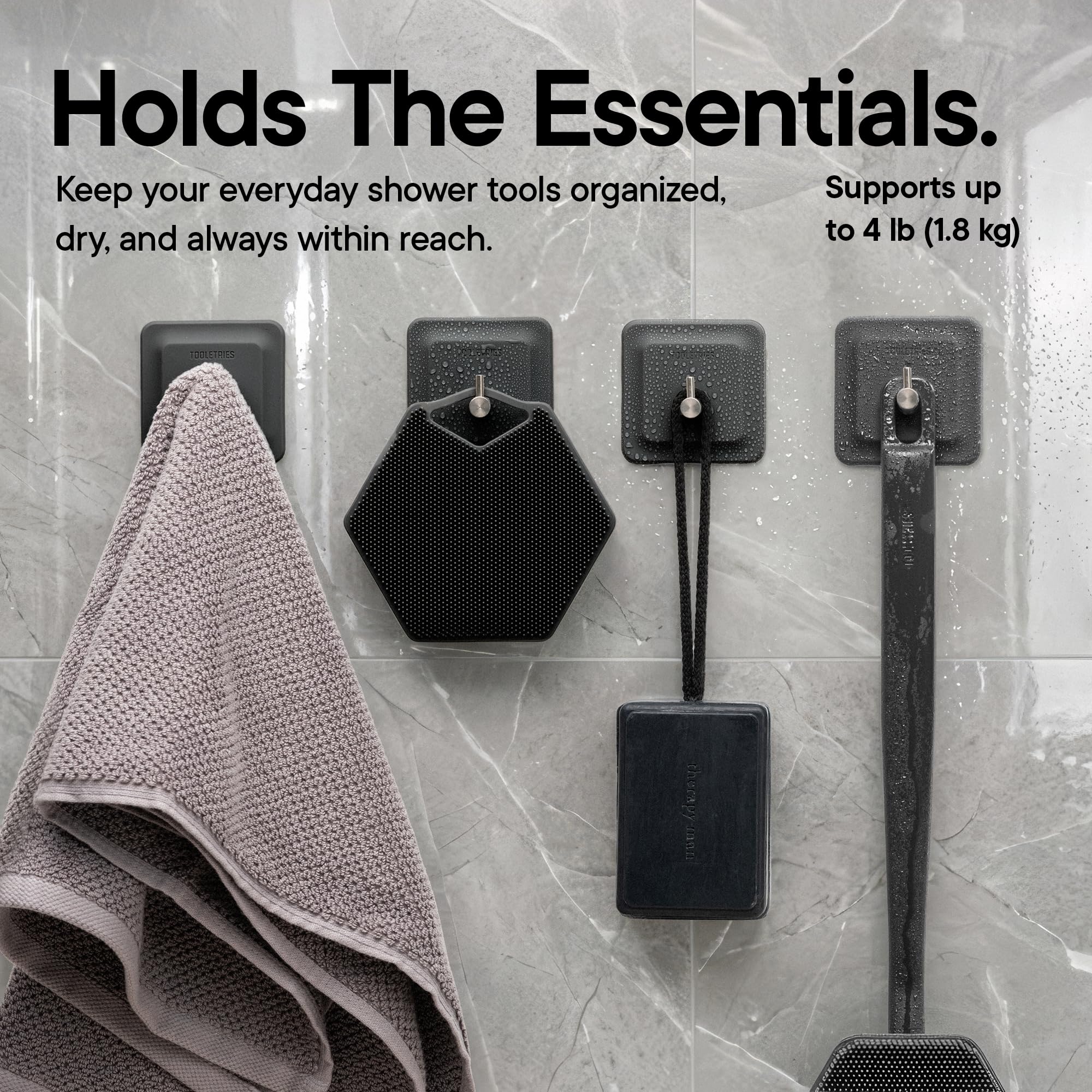 TOOLETRIES Arnold Silicone Shower Hook, Adhesive Bathroom Hook - Charcoal