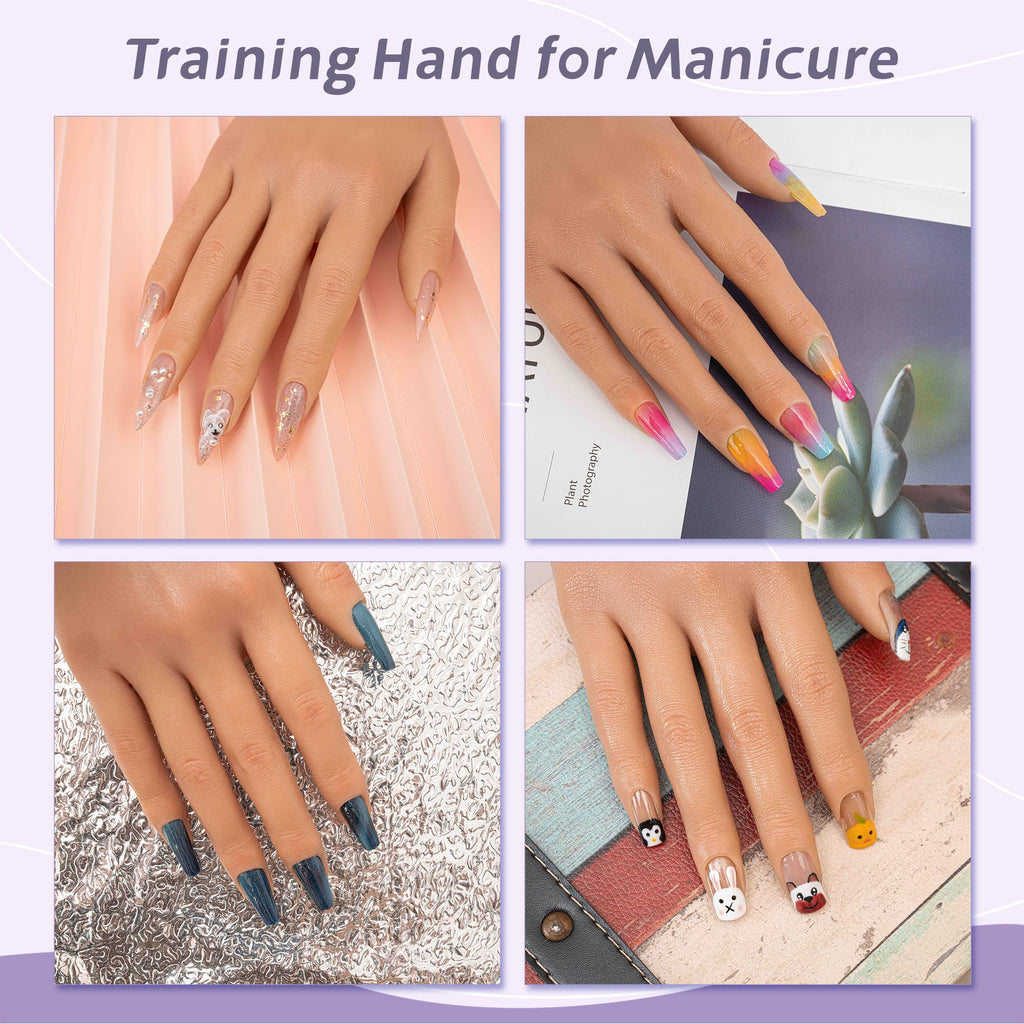 Veikmv Practice Hand for Acrylic Nails,Realistic Silicone Mannequin Hand with Flexible Fingers for Acrylic Nails, Gel Polish Training, Complete Nail Art Beginner Set with Brush & File