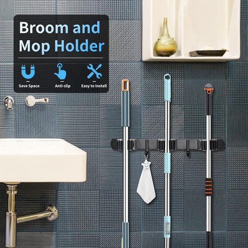 Huryfox Heavy-Duty Stainless Steel Broom Holder - Adjustable Wall Mount, 3 Racks & 2 Hooks, Black
