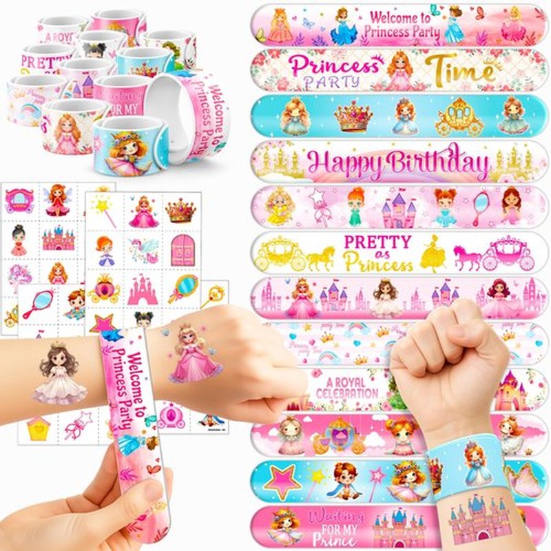Cherisnowy 72PCS Little Princess Party Set - 48PCS Temporary Tattoos & 24PCS Slap Bracelets - Cute Birthday Supplies, Baby Shower Gifts, Classroom Rewards & Princess-Themed Decor for Girls