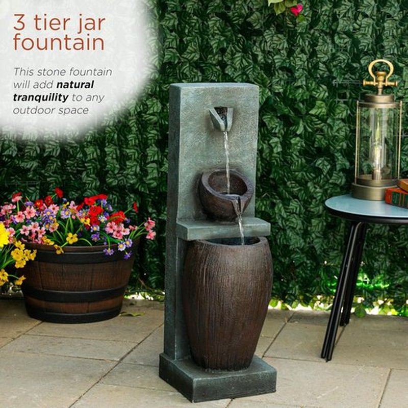 Alpine Corporation 32" 3-Tier Jar Fountain - Elegant LED Outdoor Water Feature for Garden & Patio