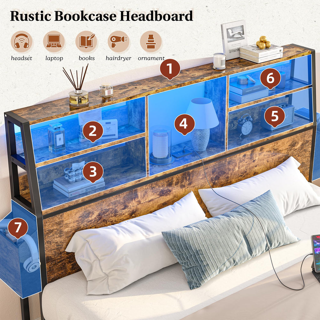 Homkdom Queen Bed Frame with 3-Tier Storage Headboard &2 Drawers,Noise-Free
