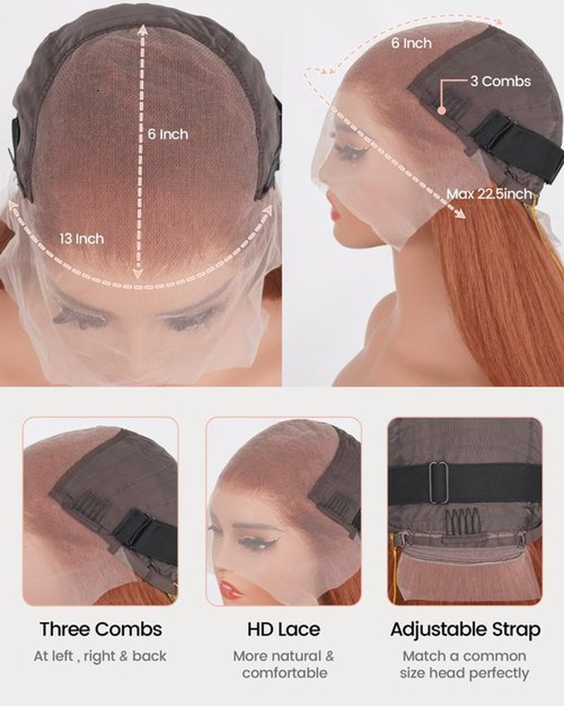 Cemuto Kinky Straight Lace Front Wigs Pre Plucked with Baby Hairs 180% Density Yaki Straight 13x6 Synthetic Transparent HD Glueless Lace Wig as Human Hair Auburn Brown 22 Inch