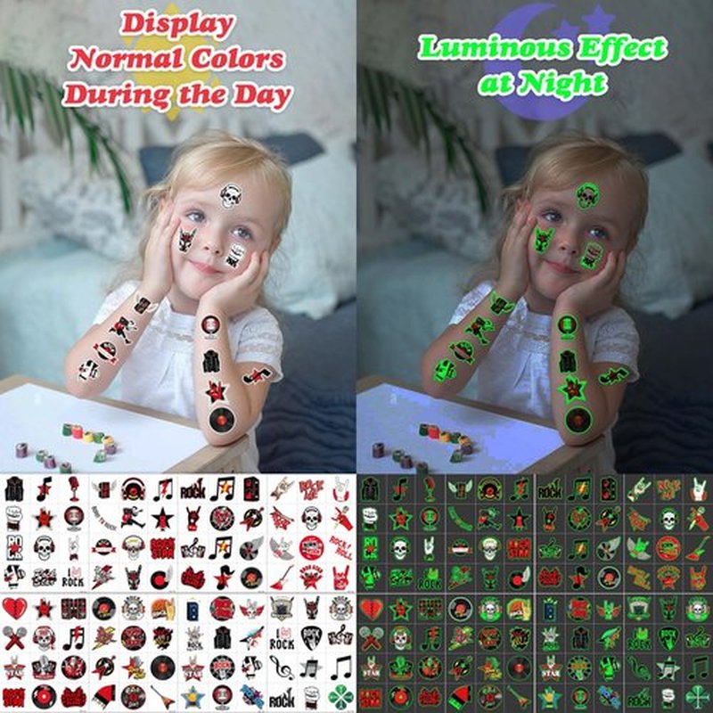 96PCS Born To Rock N Roll Rocks Luminous Glow in the Dark Temporary Tattoos Themed Music Band Birthday Party Decorations Favors Supplies Decor Rockstar Guitar Stickers For Kids (Glow in the dark)