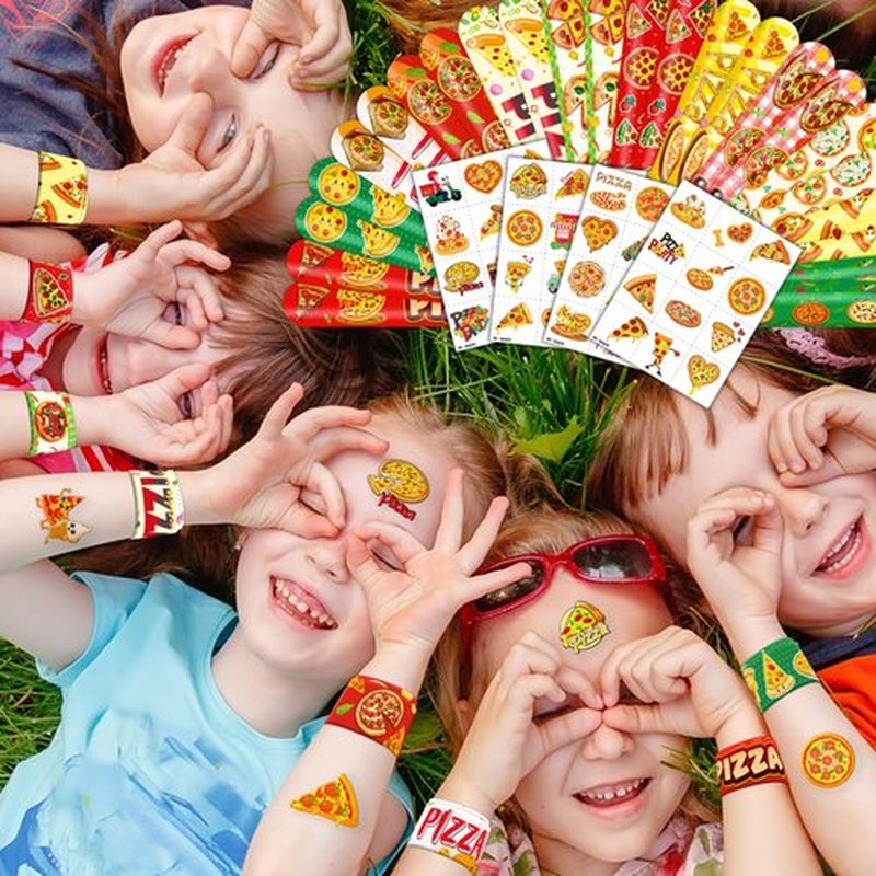 72PCS Pizza Party Set 48PCS Temporary Tattoos 24PCS Slap Bracelets Fun Food Themed Birthday Supplies, Baby Shower Gifts, Classroom Rewards & Party Decor for Kids Boys & Girls