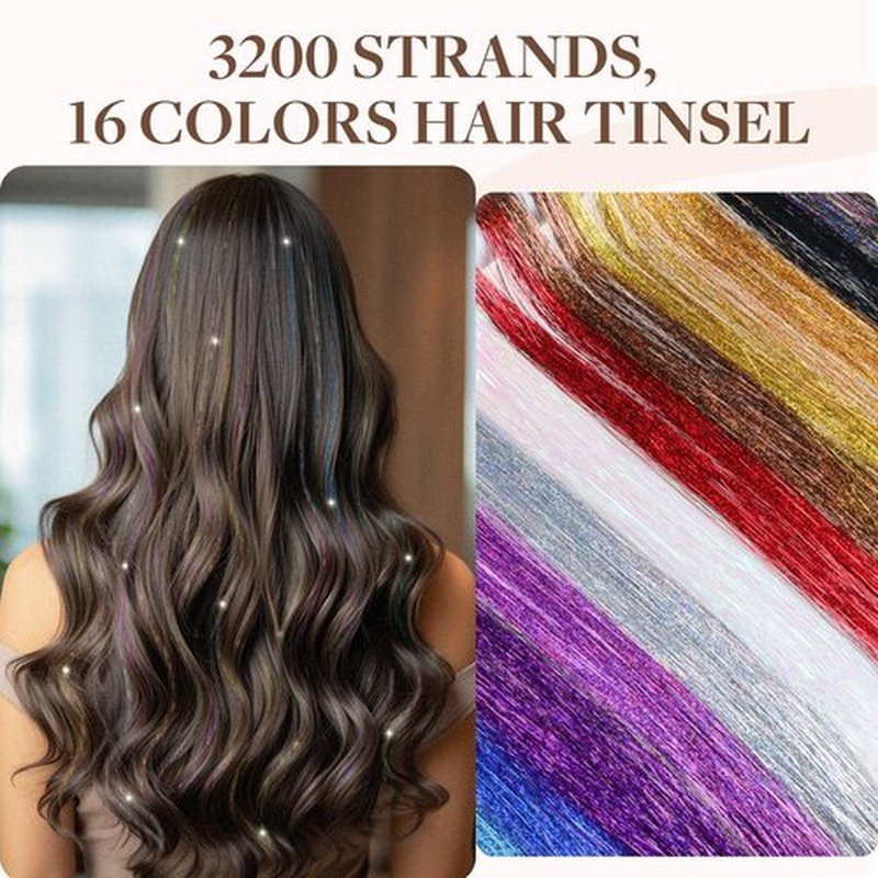 GOO GOO Hair Tinsel Kit 16 Colors, 3200 Strands of 48 Inch Tinsel Hair Extensions, Fairy Hair for Girls with Tools, Sparkling Glitter Highlights for Christmas, Halloween, Cosplay, and Parties