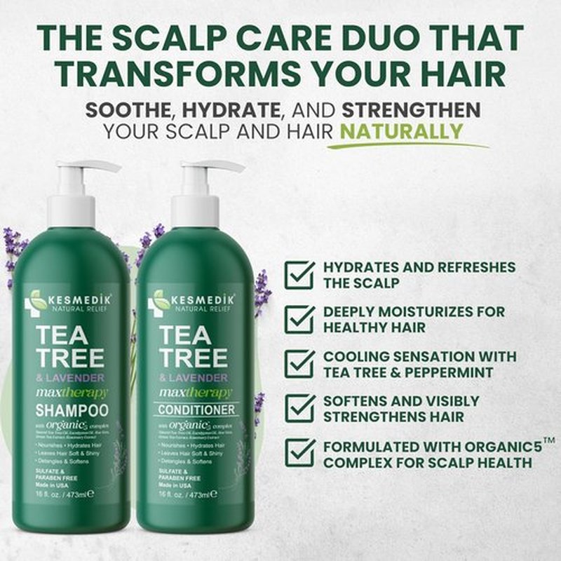 KESMEDIK Tea Tree Lavender Shampoo & Conditioner Set - Soothes Dry, Itchy Scalp | 16 fl oz Each