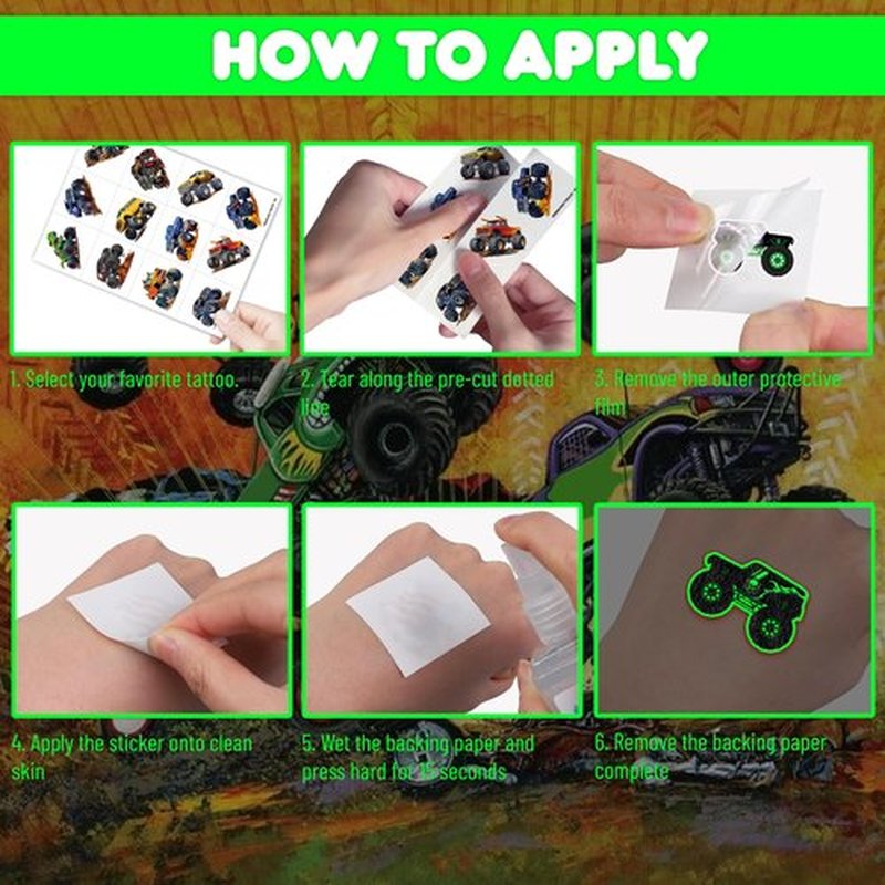 96 PCS Monster Truck Race Car Pre-Cut Luminous Glow in the dark Temporary Tattoos for Kids | Super Cute Themed Birthday Party Favors Supplies Decorations, Fake Tattoos Rewards & Gifts for Boys Girls
