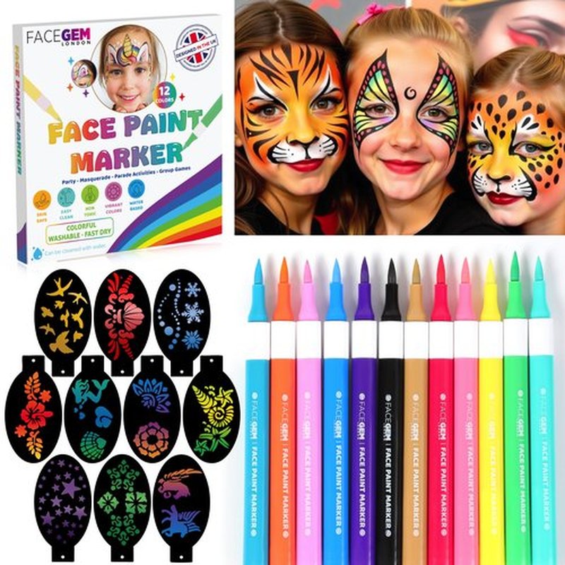 12 Colour Face Paint – Water-Based – Mess-Free Face Painting Kit with Stencils – Fast-Drying, Washable, Easy to Clean, Non-Toxic Face Paint for Festivals, Parties, Masquerade, Fancy Dress, Carnival