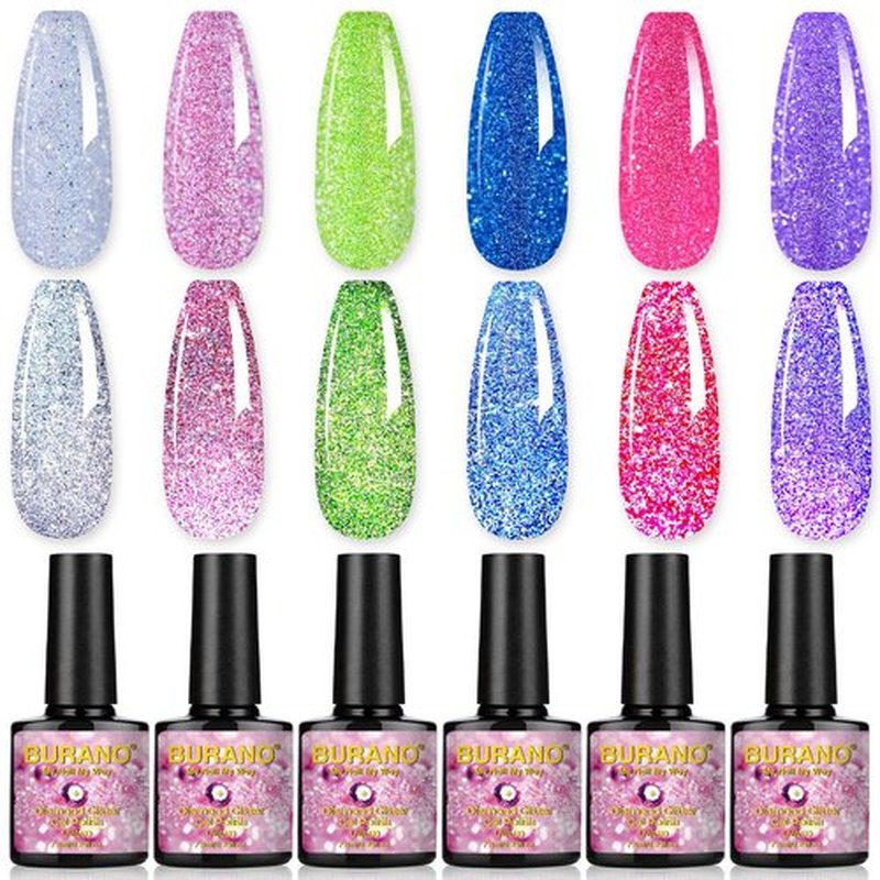 BURANO Reflective Glitter Gel Polish, Rose Blue Purple Silver Holographic Glitter Gel Nail Polish, Soak Off Disco Gel Polish UV Lamp Required