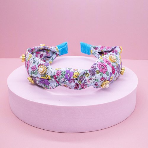 FROG SAC Floral Knot Headband for Girls, Pearl Stud Knotted Headbands for Kids, Flower Studded Hair Band Accessories for Children, Cute Comfortable Back to School Hairband