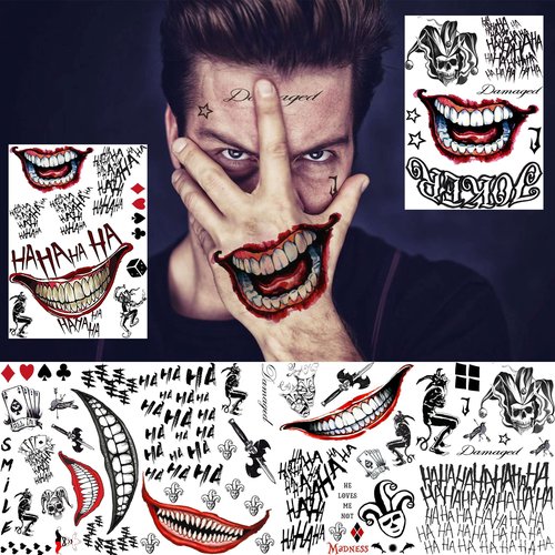 GOROMON 6 Sheets The Joker Temporary Tattoos For Halloween Makeup Kit, Suicide Squad Joker Tattoos Stickers For Women Men Adults, Damaged Tattoo Joker Hand Smile Face Poker Prisoner Costume Skull Set